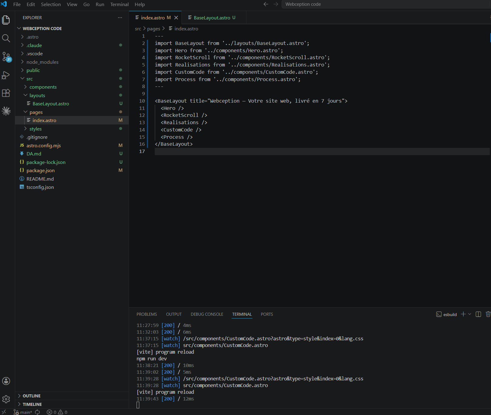 Code source de index.astro, architecture sur mesure